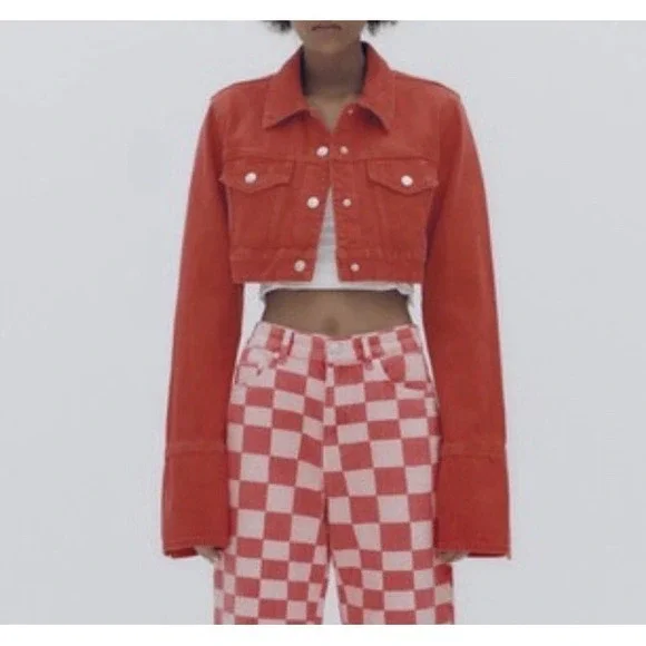 Zara Cropped Denim Jacket Dark Orange Size S Blogger Fav Cotton - Picture 2 of 8